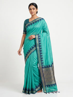 Turquoise Pure Silk Handloom Saree with Intricate Jacquard Weave - Image 1