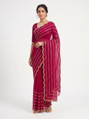 Pink Soft Satin Chiffon Saree Embellished with Intricate Sequins Detailing - Image 1