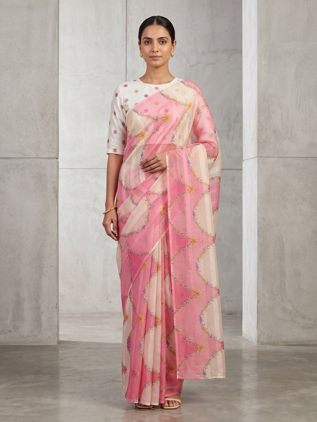 Pink Bloom Floral Digital Printed Georgette Saree Accentuated With Graceful Zari Stripes - Image 1