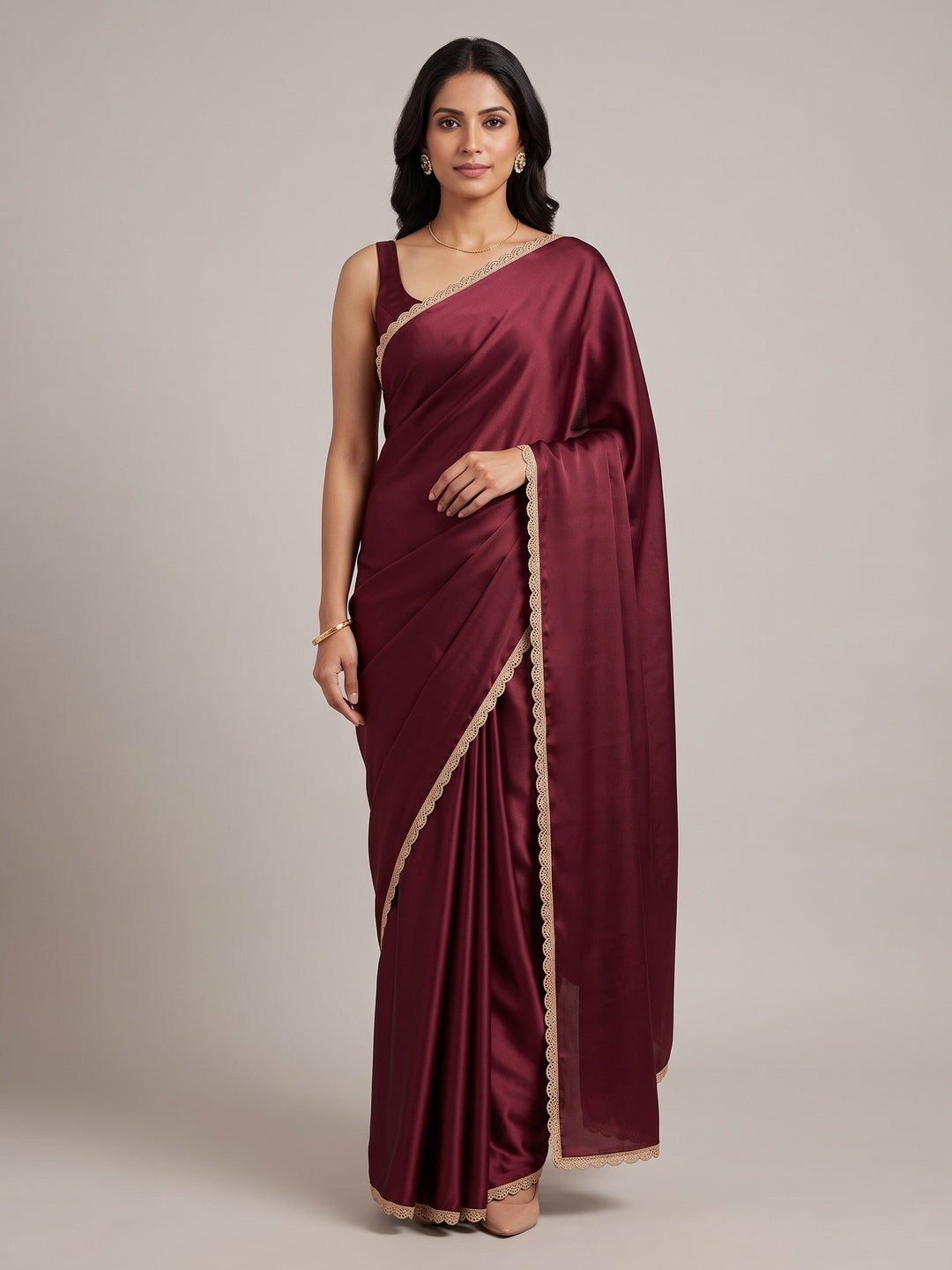 Peachmode Wine Scalloped Border Rangoli Silk Saree - Image 2