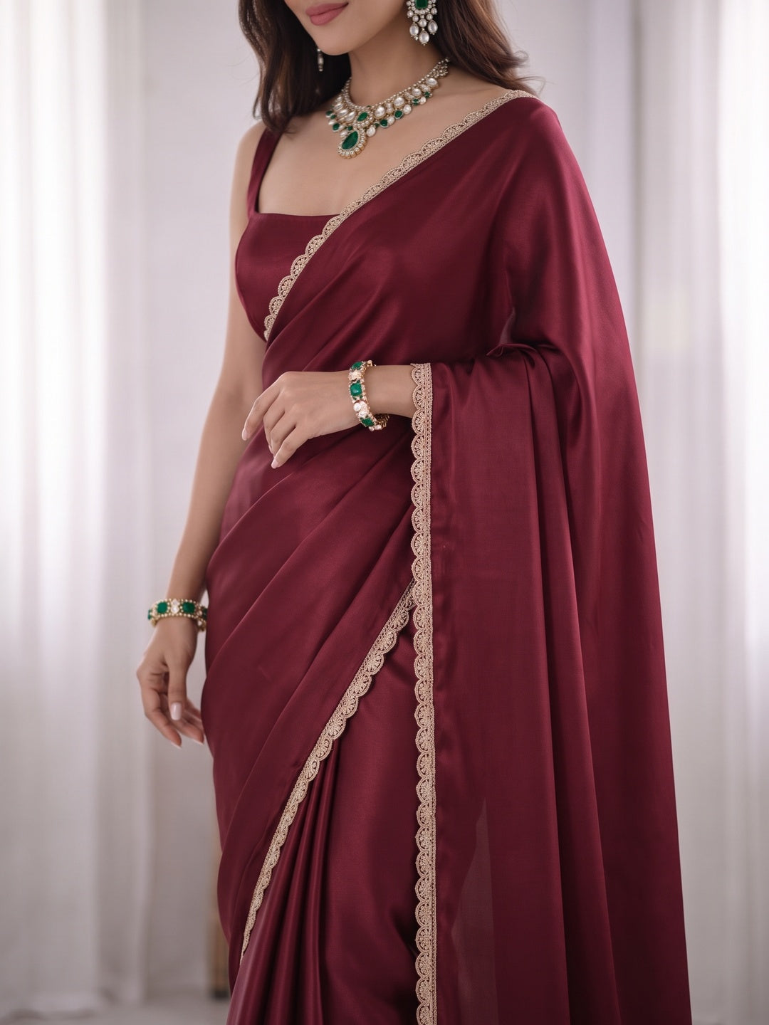 Peachmode Wine Scalloped Border Rangoli Silk Saree - Image 5