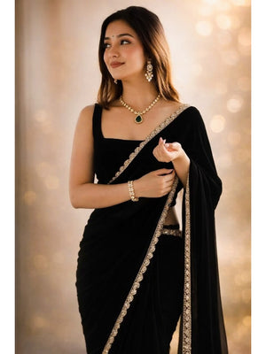 Peachmode Black Scalloped Border Rangoli Silk Saree - Image 1