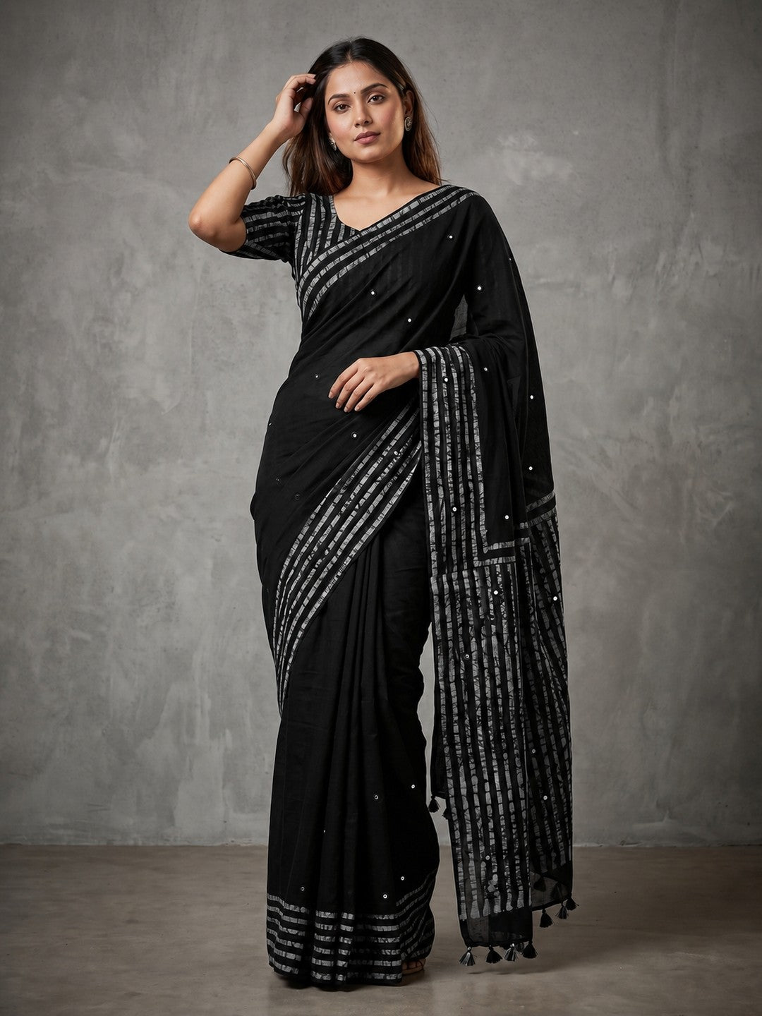 Peachmode Pure Black Mul Cotton Mirror Work Saree - Image 1