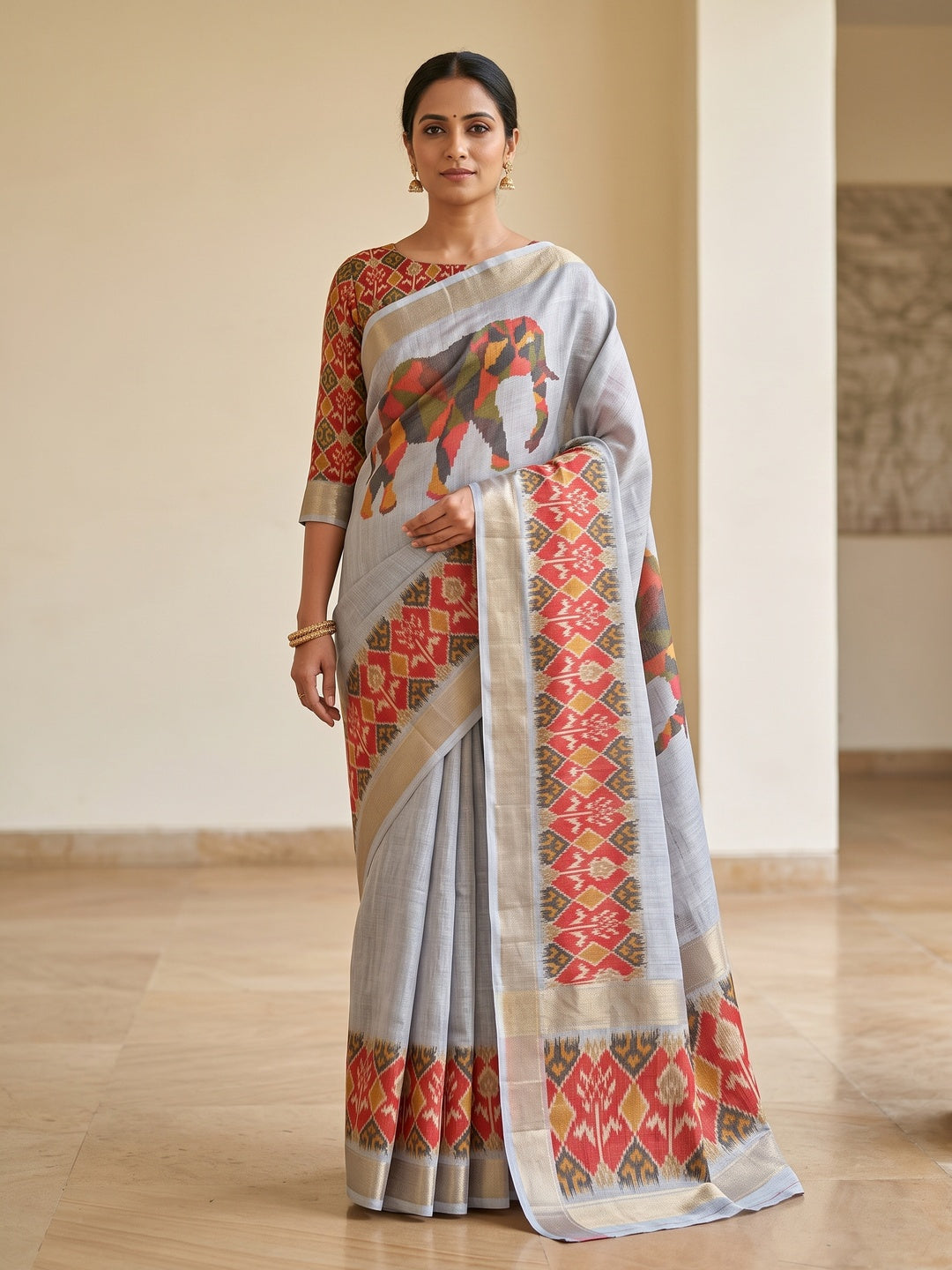 Grey Digital Print Saree in Premium Tissue Cotton Silk for Festive & Elegant Styling - Image 5