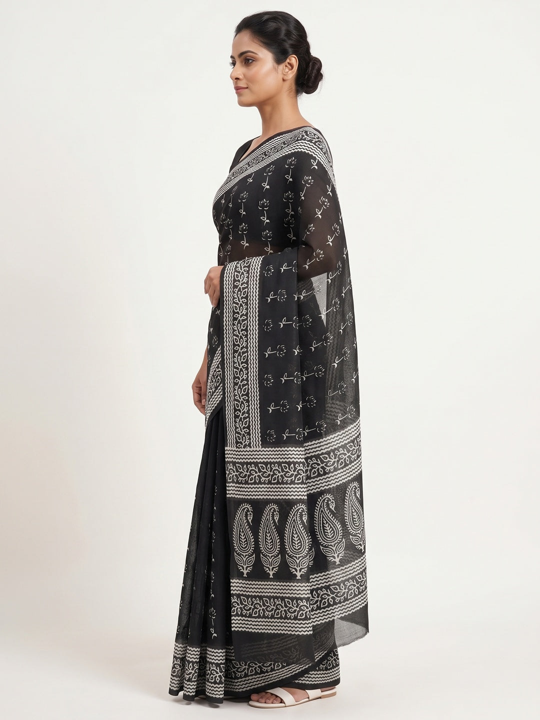 Black Soft Linen Saree with Artistic Print - Image 3