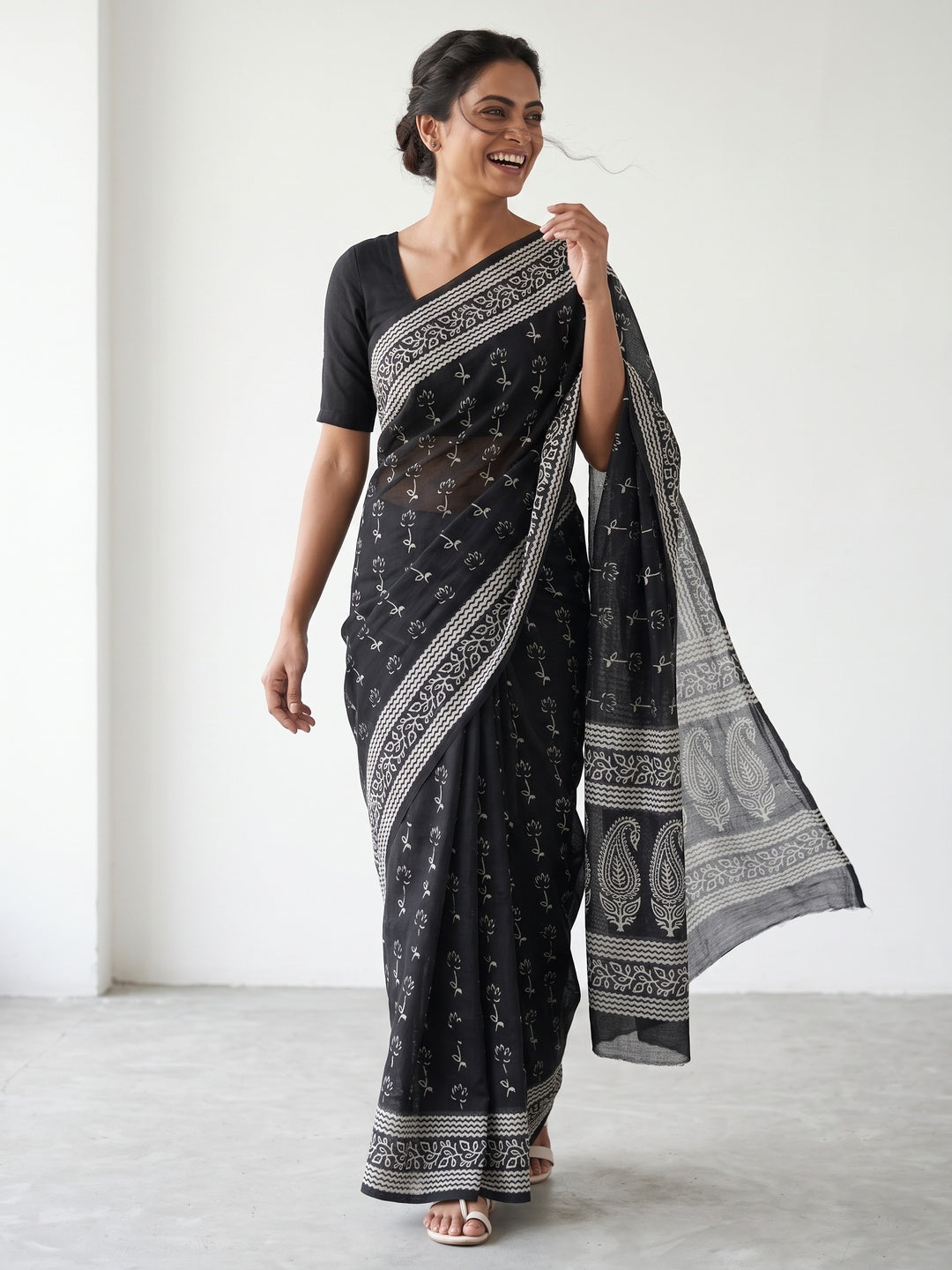 Black Soft Linen Saree with Artistic Print - Image 4