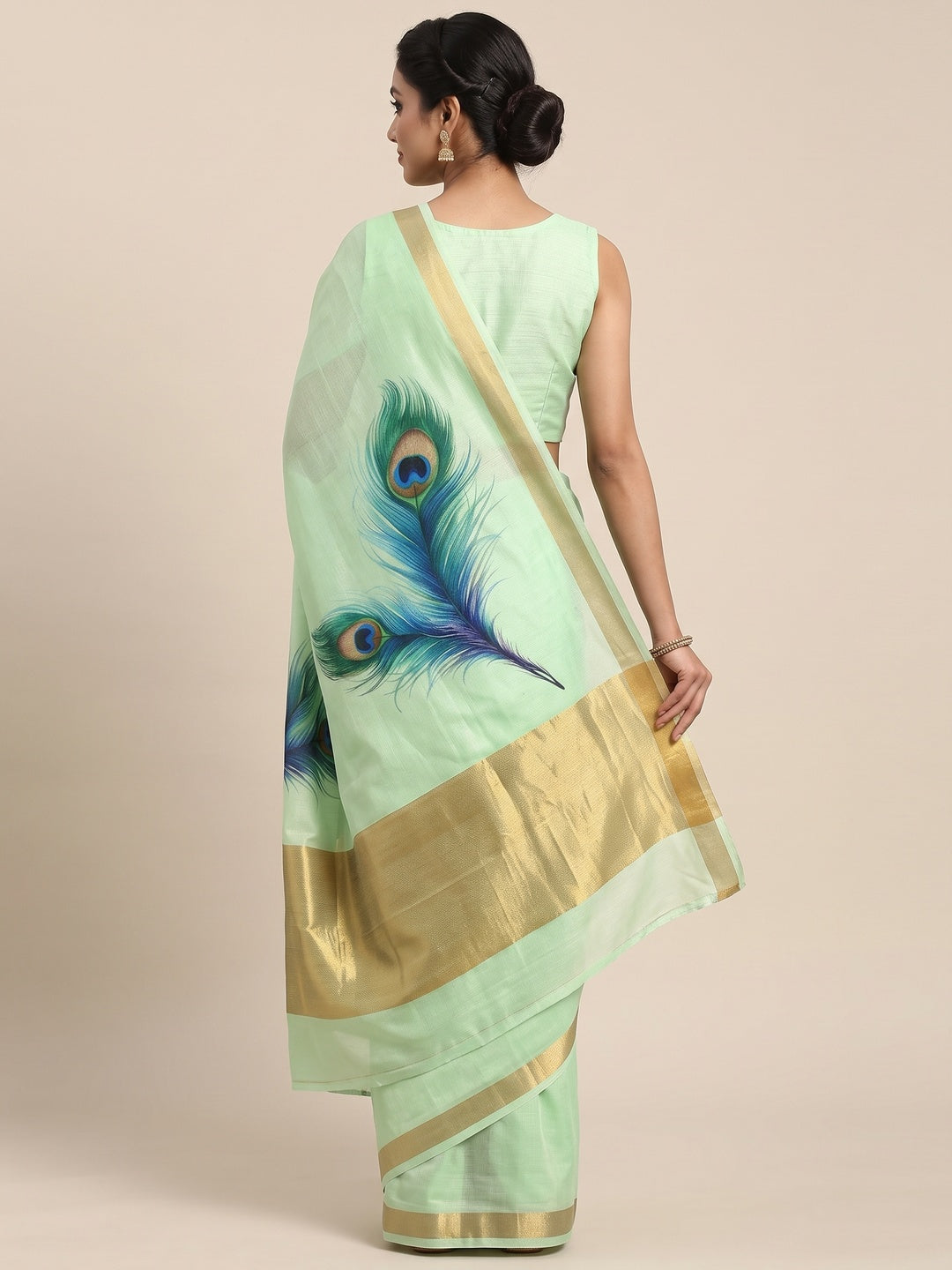 Charming Mint Green Soft Tussar Cotton Silk Saree With Peacock Feathers Print - Image 2
