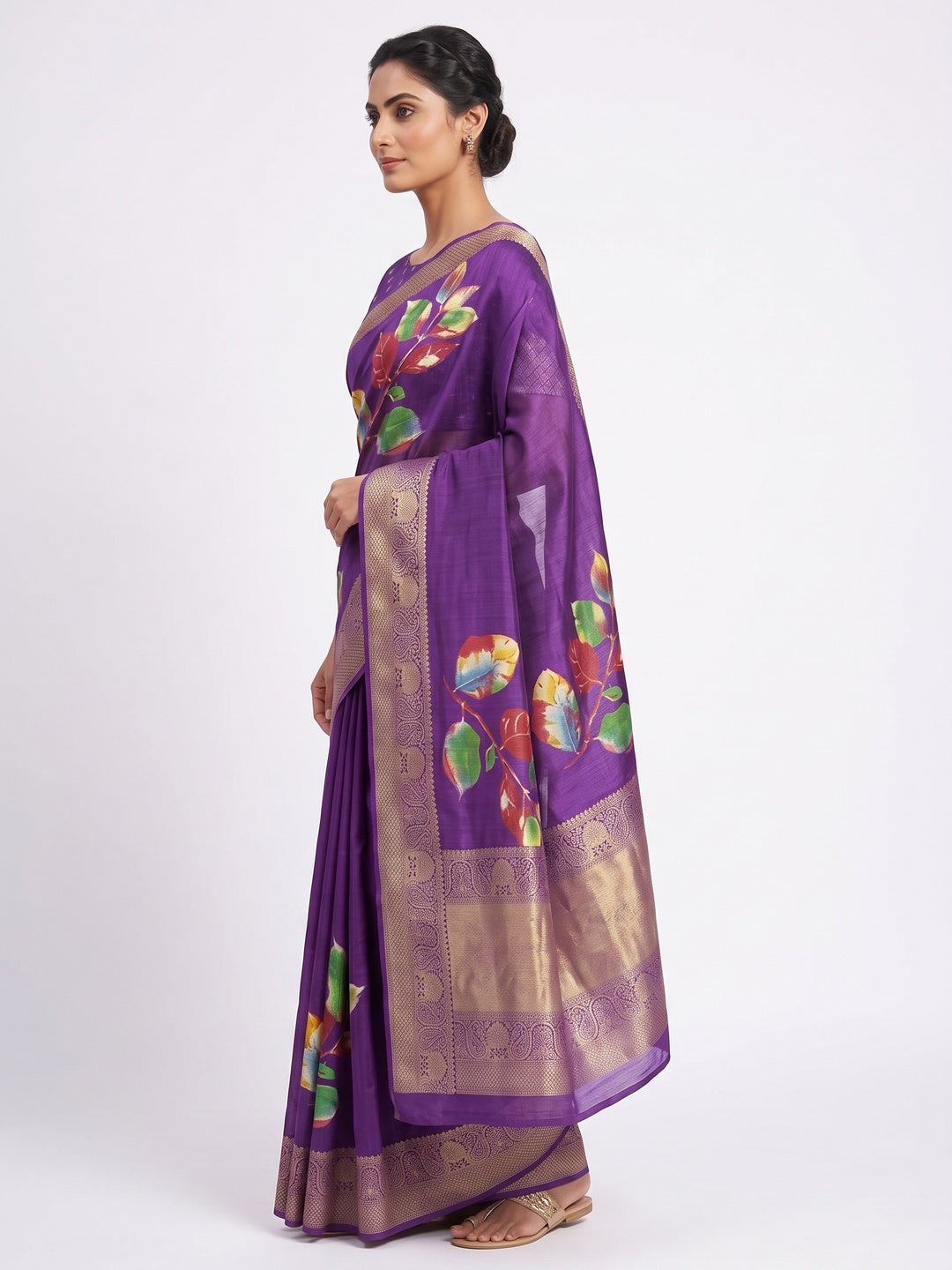Purple Floral Printed Dola Silk Saree - Image 3