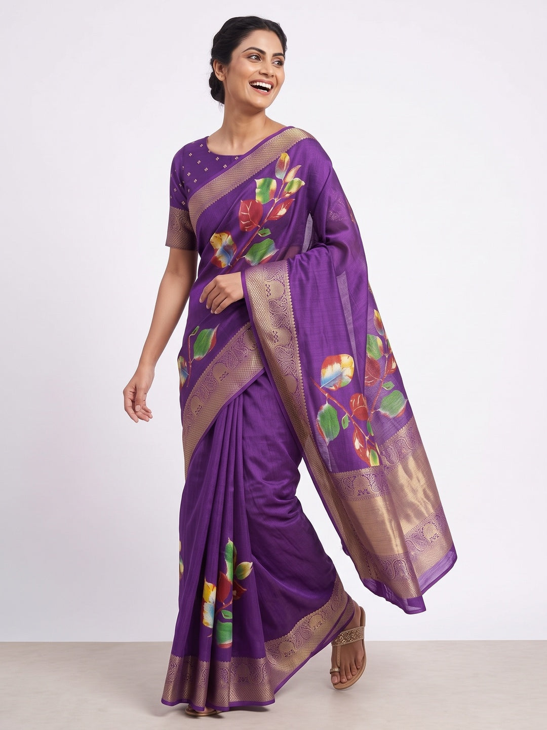 Purple Floral Printed Dola Silk Saree - Image 4