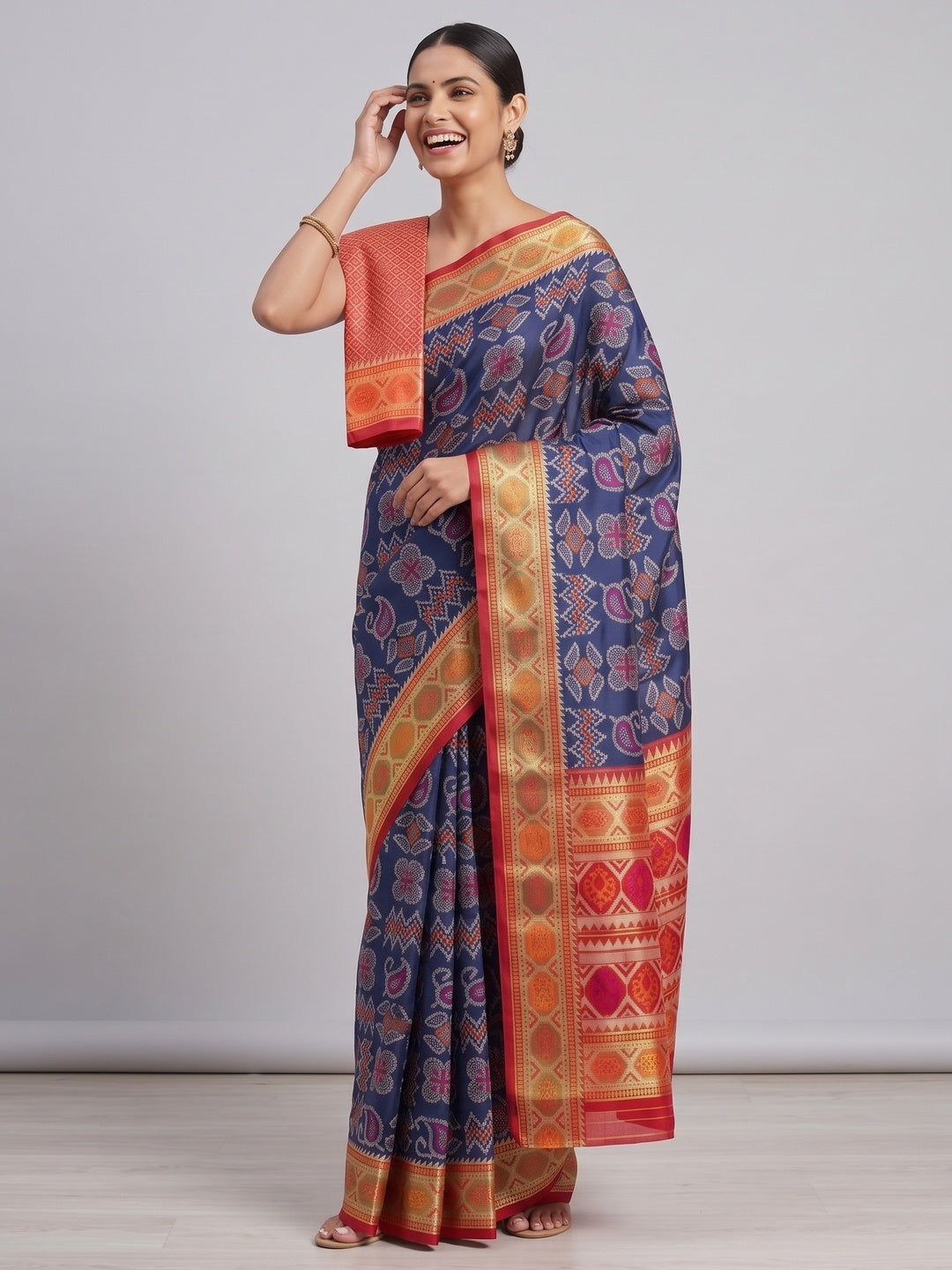 Navy Blue Woven Art Silk Patola Saree - Image 4