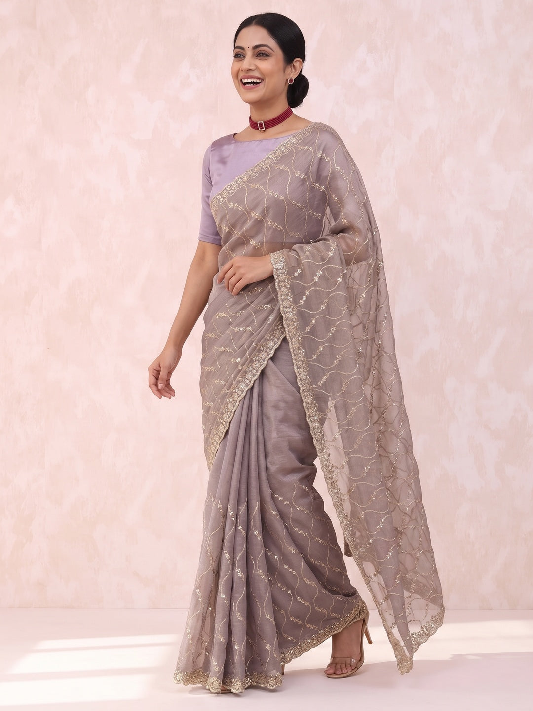 Lavender Partywear Organza Chiffon Silk Saree Highlighted with Fine Sequins Detailing - Image 4