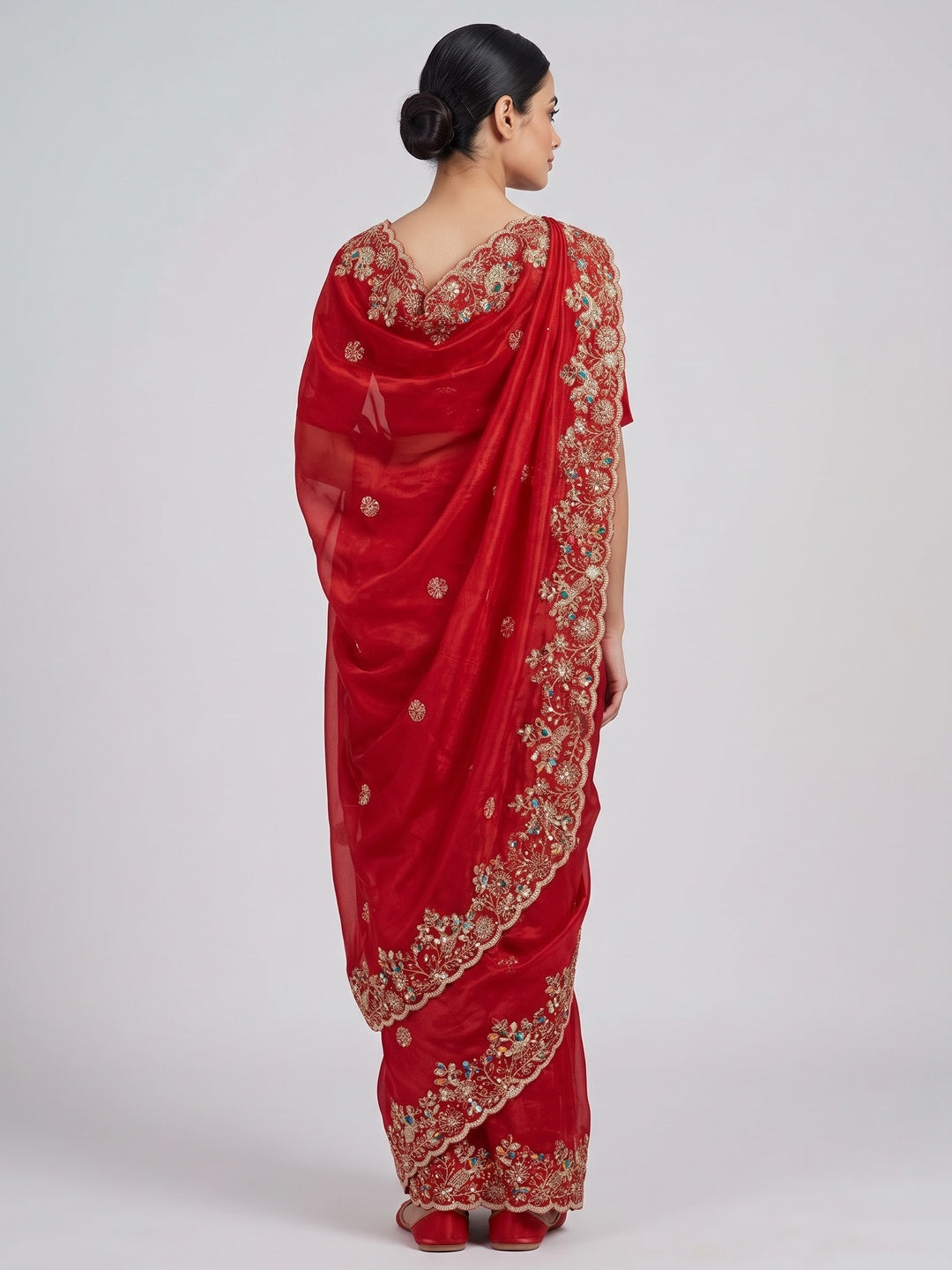 Red Organza Satin Silk Saree Beautifully Detailed with Elegant Floral Embroidery - Image 2