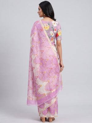 Light Magenta  Floral Digital Printed Chanderi Cotton Saree - Image 2