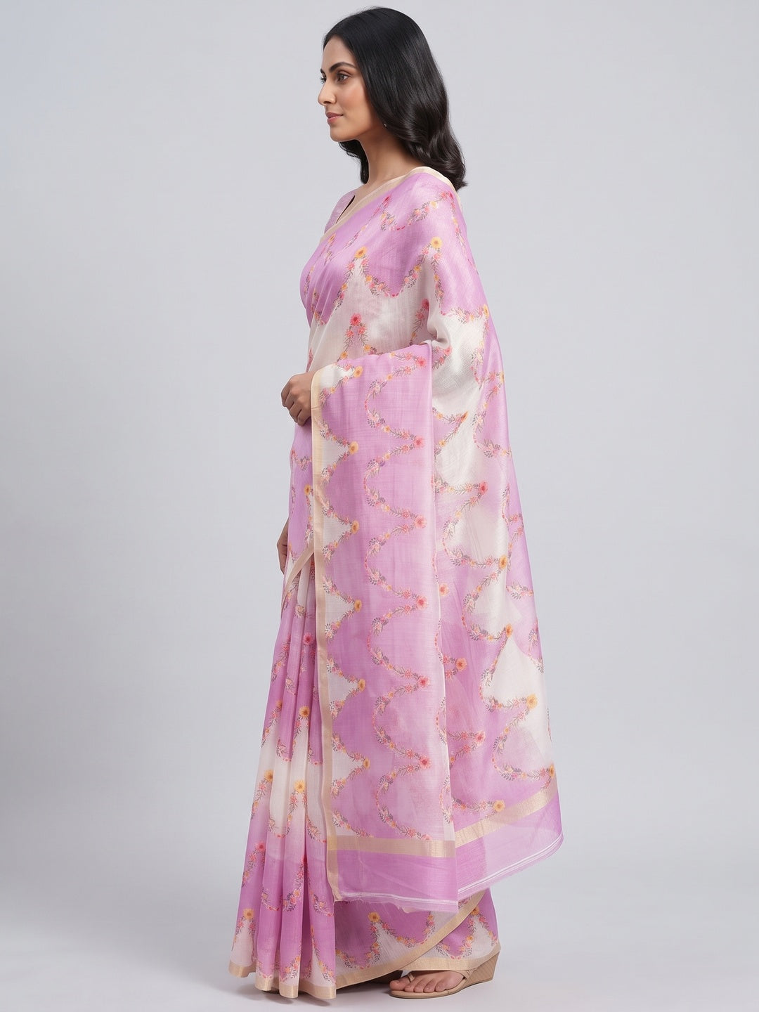 Light Magenta  Floral Digital Printed Chanderi Cotton Saree - Image 3