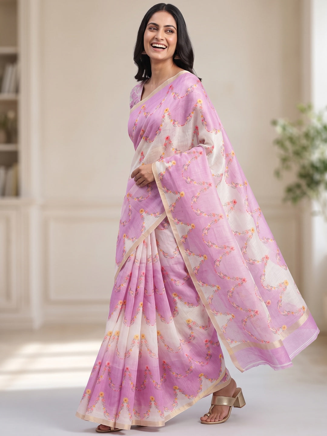 Light Magenta  Floral Digital Printed Chanderi Cotton Saree - Image 4