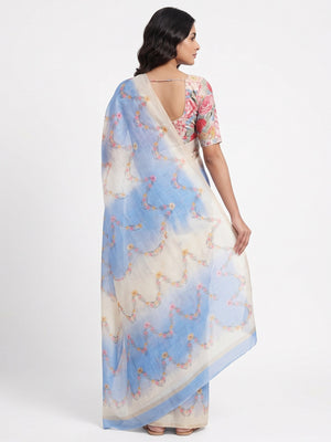 Blue Floral Digital Printed Chanderi Cotton Saree - Image 2