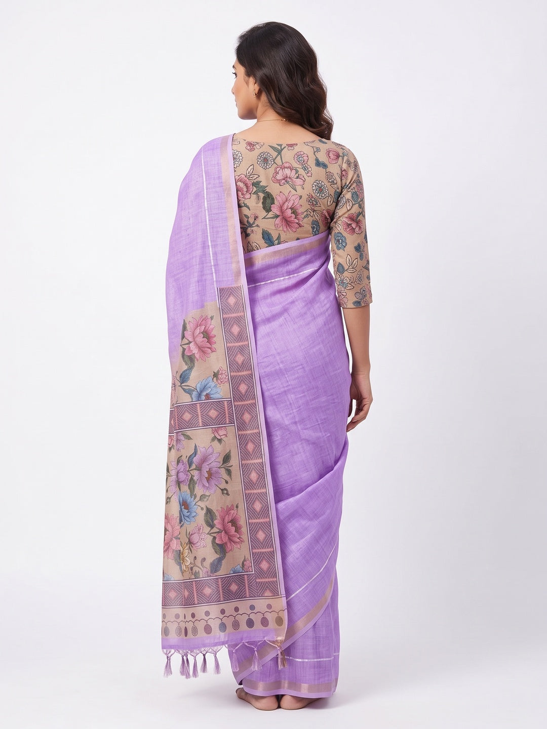 Elegant Lavender Floral Digital Printed Linen Cotton Saree With Woven Border & Tassel Pallu - Image 2