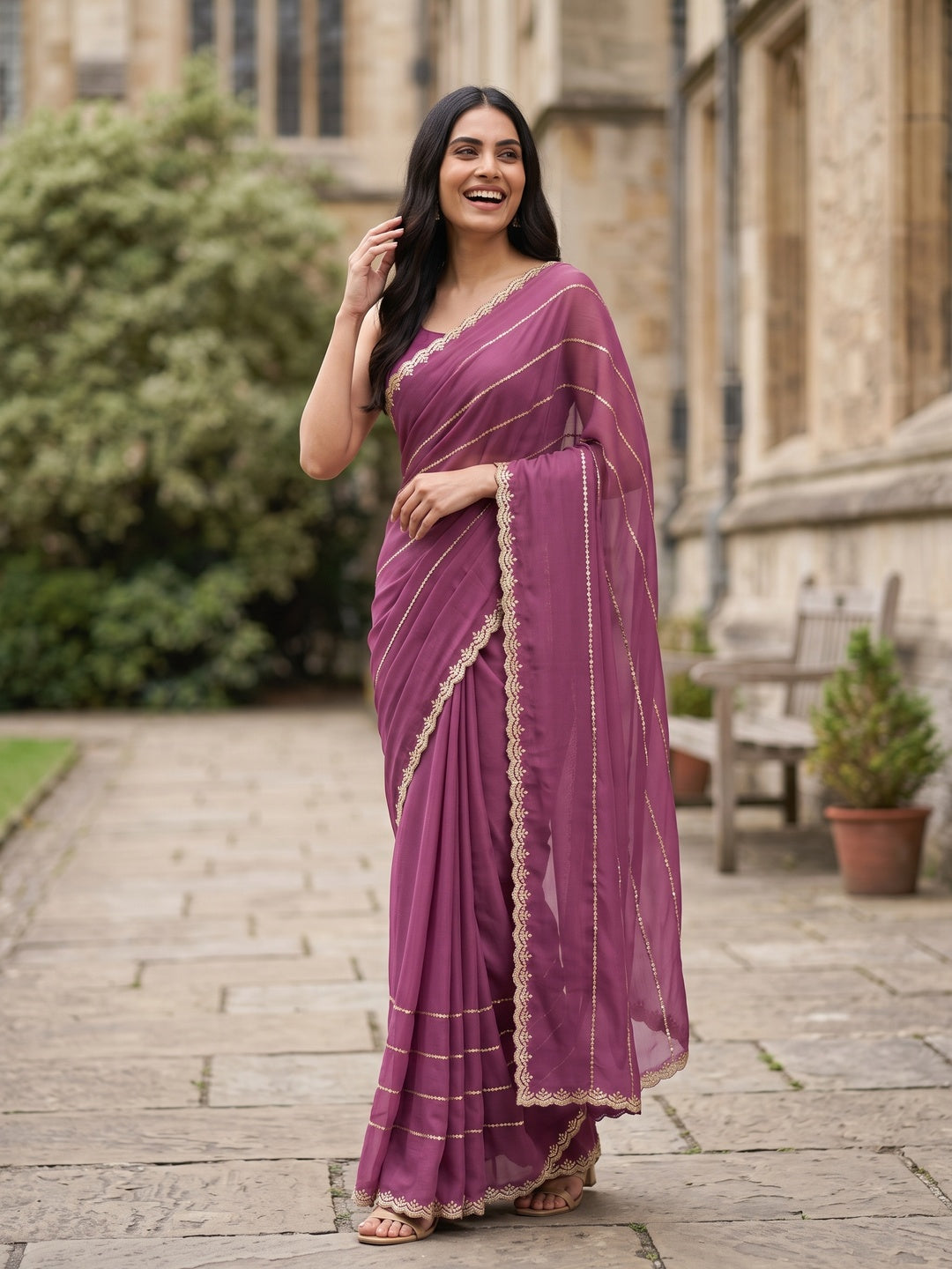 Mauve Soft Satin Chiffon Saree Adorned with Intricate Sequins Detailing - Image 4