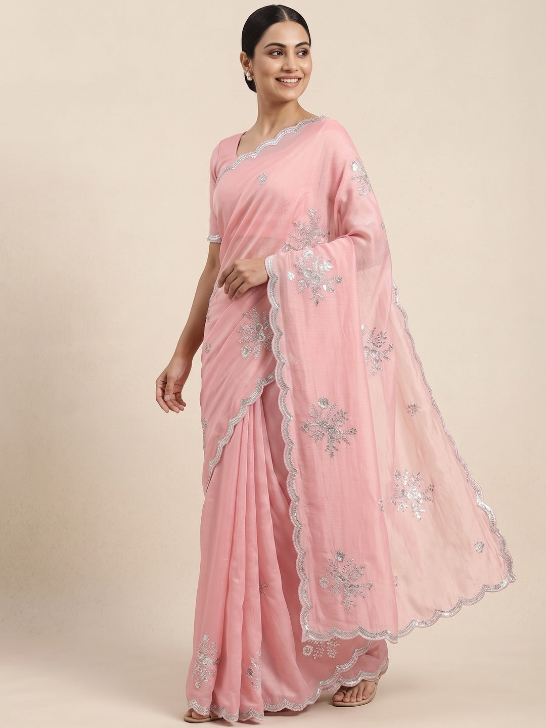 Designer Peach Pure Chinon Saree Highlighted with Elegant Sequins Embroidery - Image 4