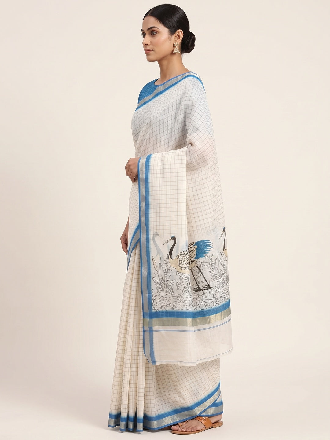 Off White and Blue Checkered Printed Linen Saree with a Breezy Feel - Image 3
