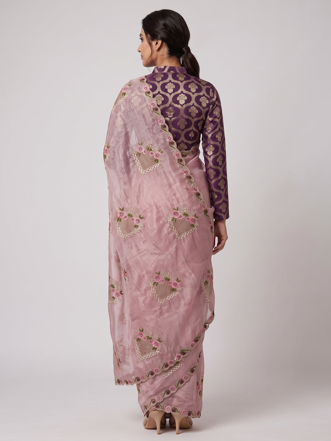 Stunning Pink Floral Embroidery & Swarovski Adorned Paper Silk Saree with Cutwork Border - Image 2