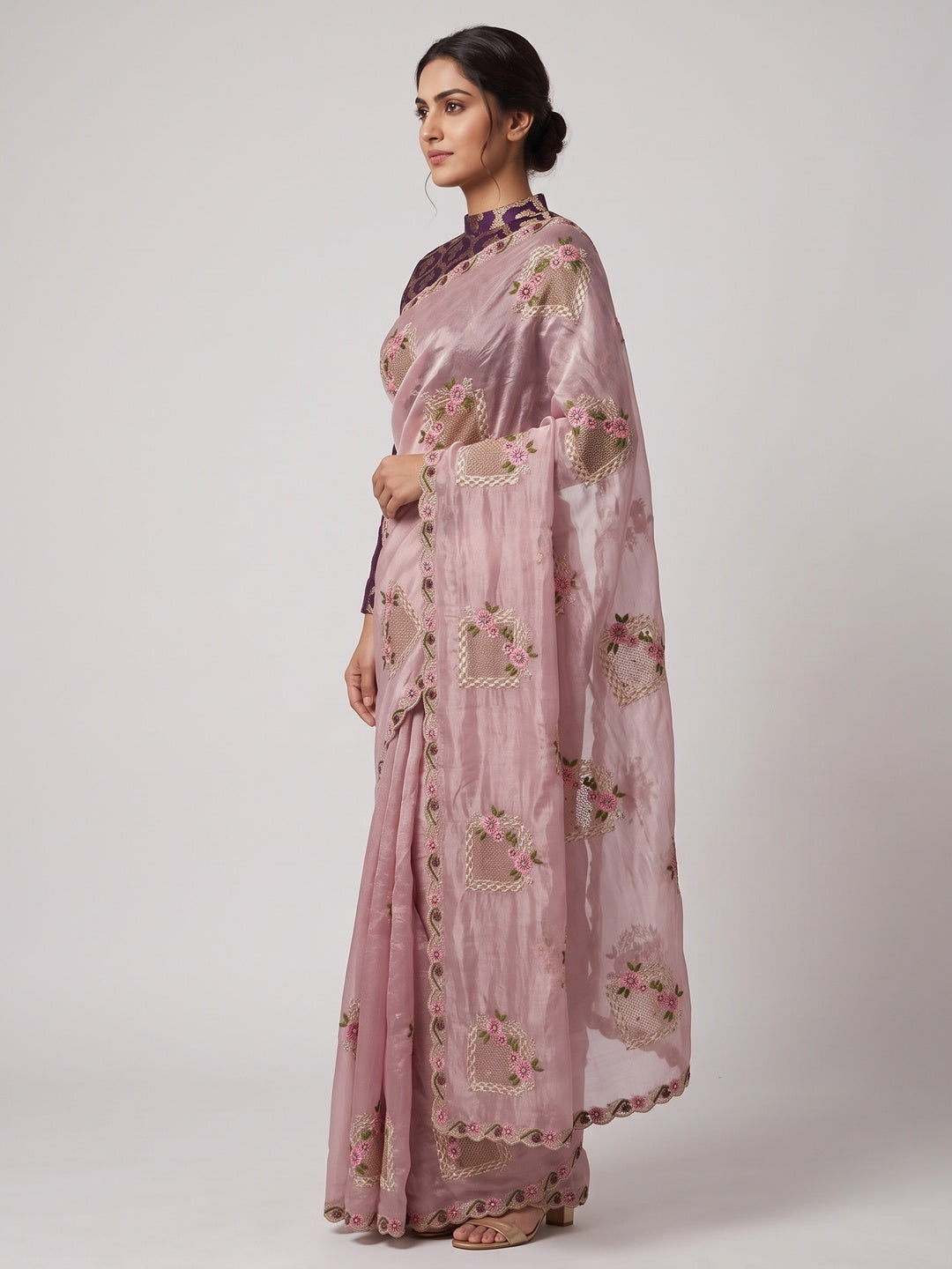 Stunning Pink Floral Embroidery & Swarovski Adorned Paper Silk Saree with Cutwork Border - Image 3