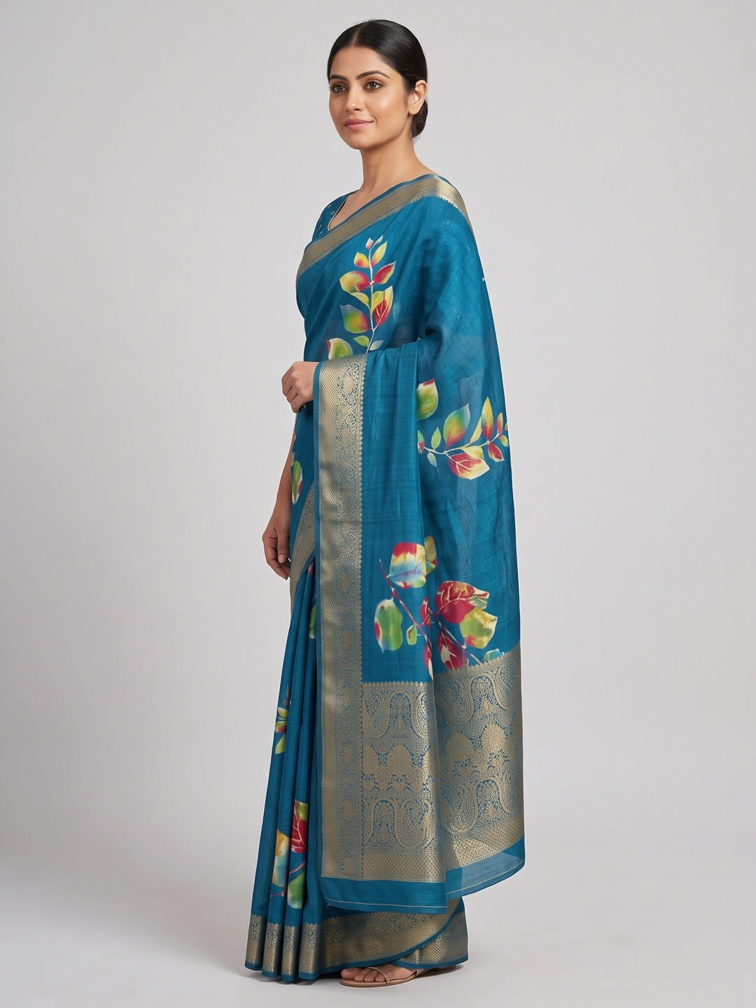 Teal Floral Printed Dola Silk Saree - Image 3