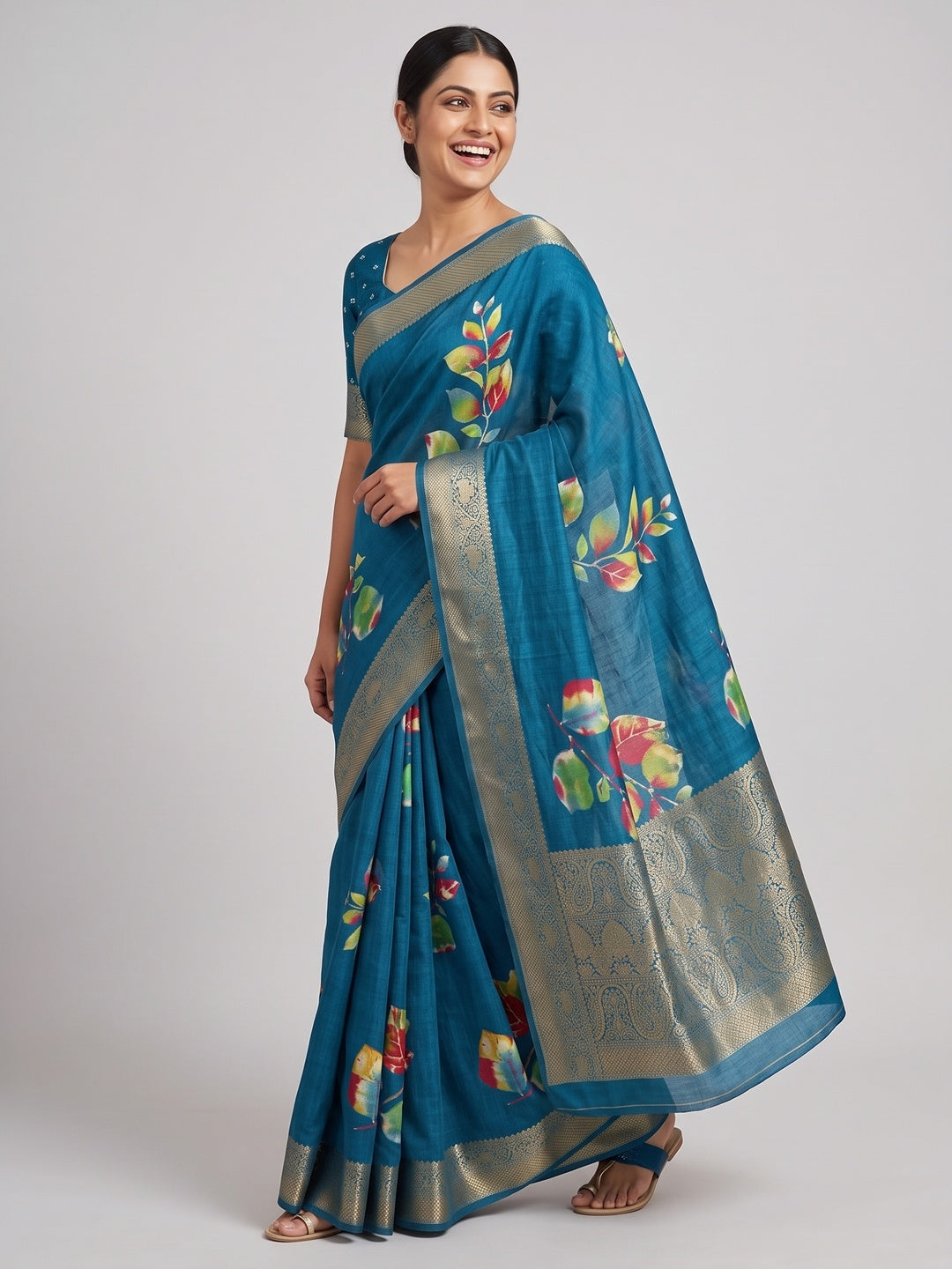 Teal Floral Printed Dola Silk Saree - Image 4