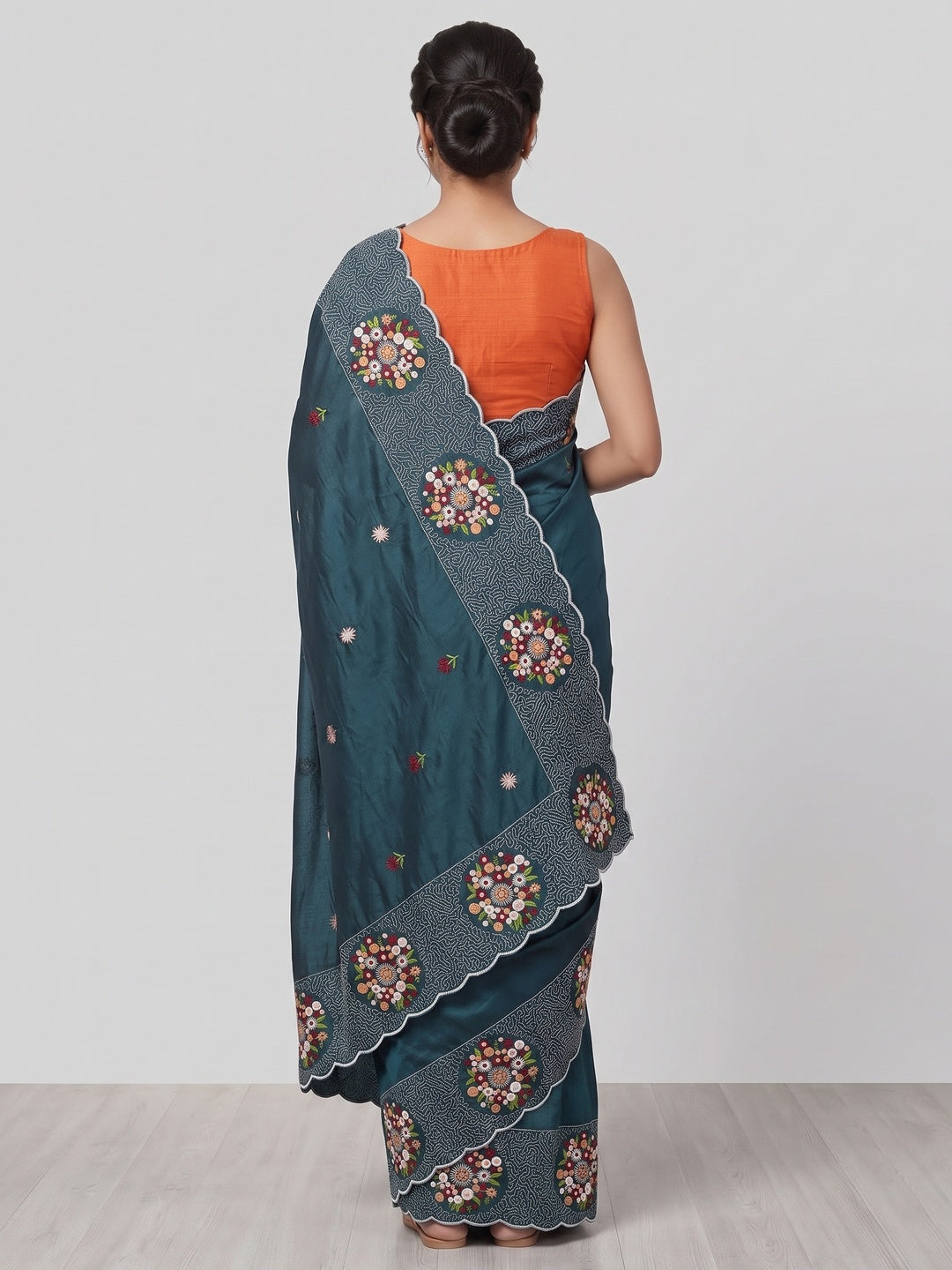 Deep Teal Cotton Silk Saree with Beautiful Floral Embroidery for Parties & Celebrations - Image 2