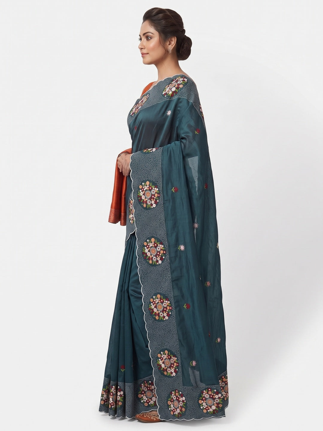 Deep Teal Cotton Silk Saree with Beautiful Floral Embroidery for Parties & Celebrations - Image 3