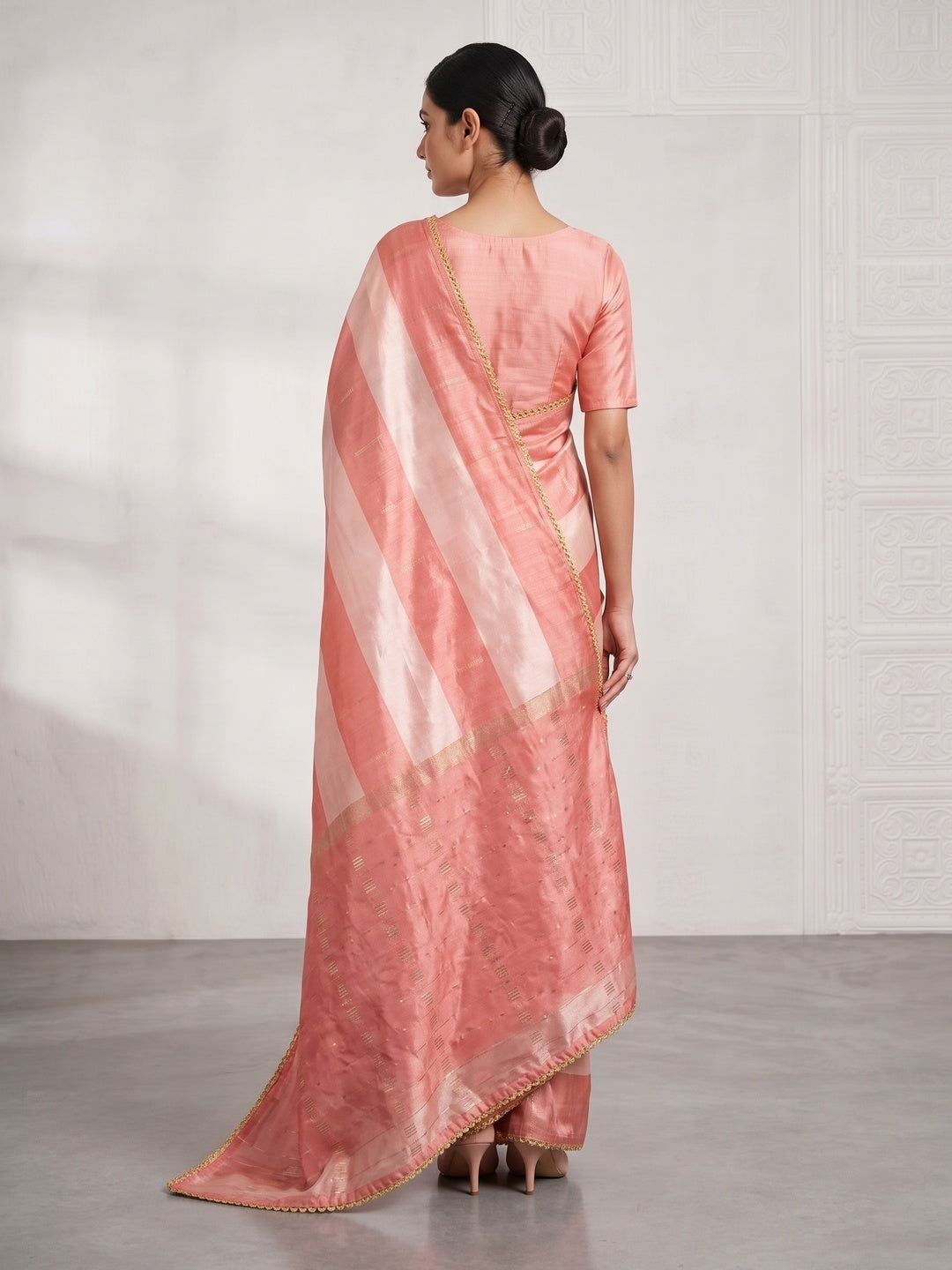 Peach Zari Woven With Sequins Work Tussar Silk Saree With Lace Border - Image 2