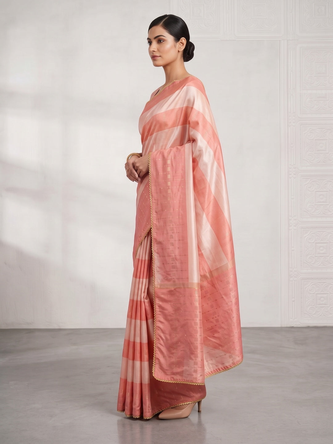 Peach Zari Woven With Sequins Work Tussar Silk Saree With Lace Border - Image 3