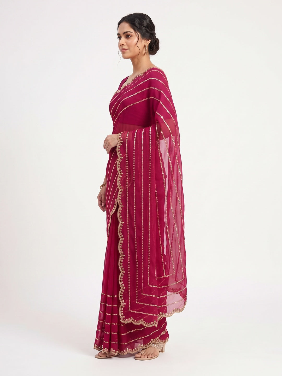 Pink Soft Satin Chiffon Saree Embellished with Intricate Sequins Detailing - Image 3
