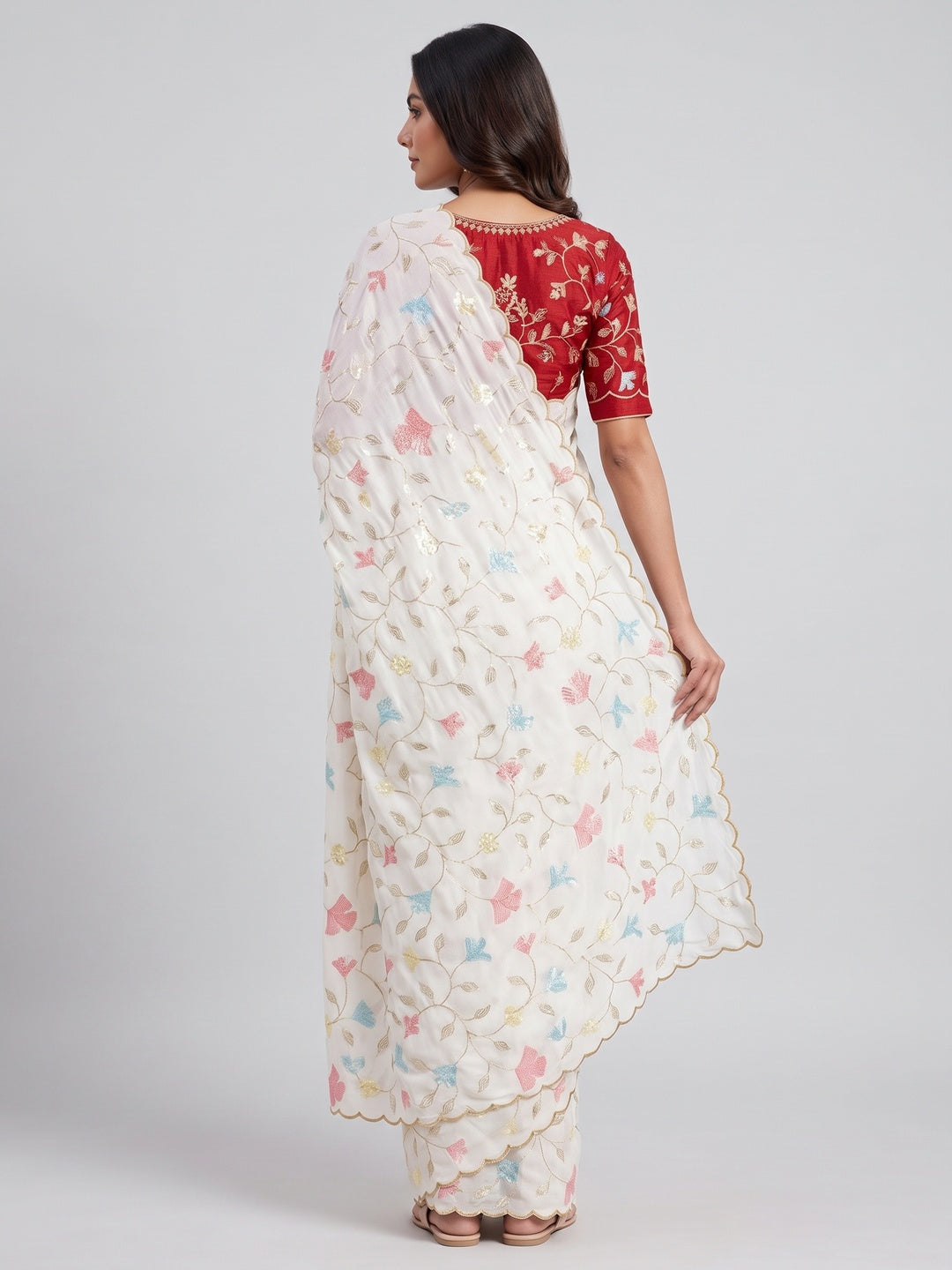Graceful White Vichitra Silk Saree Adorned With Floral Sequins Embroidery & Golden Arco Border - Image 2