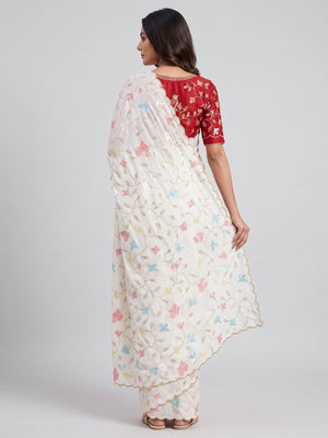 Graceful White Vichitra Silk Saree Adorned With Floral Sequins Embroidery & Golden Arco Border - Image 2