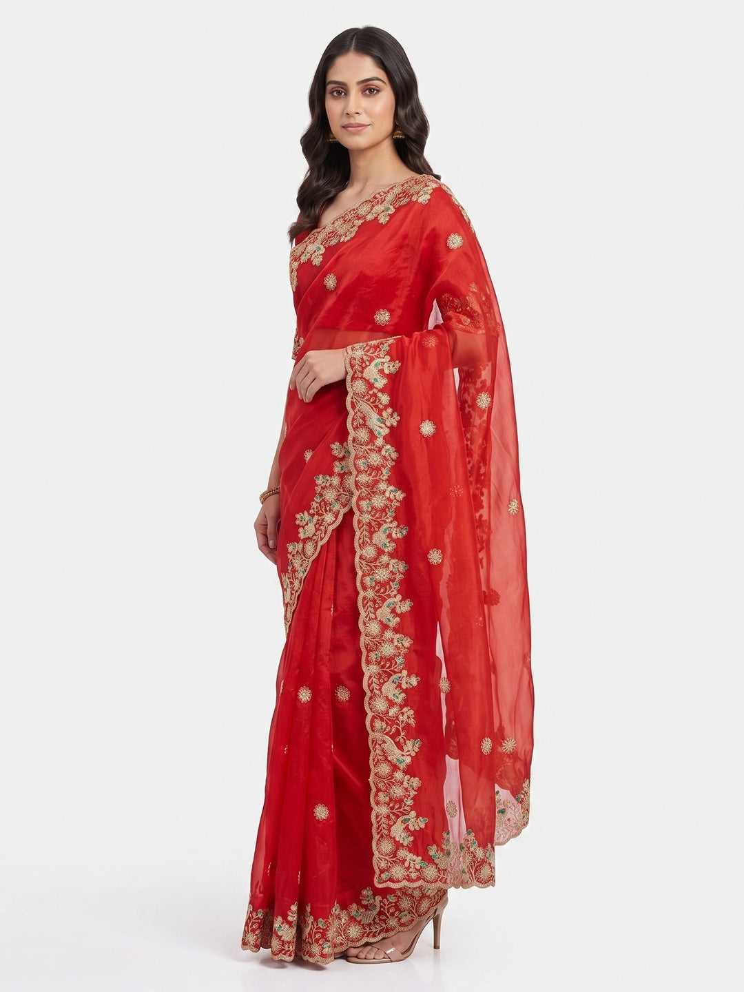 Red Floral Embroidered Lightweight Organza Satin Silk Saree for Party and Festive Wear - Image 3