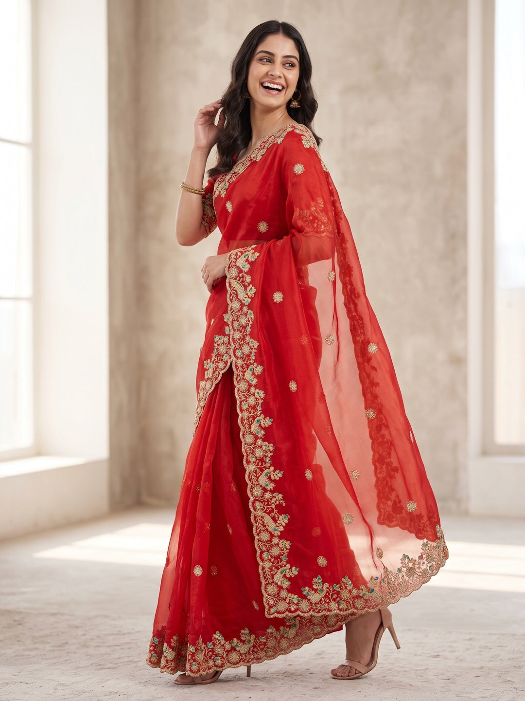 Red Floral Embroidered Lightweight Organza Satin Silk Saree for Party and Festive Wear - Image 4