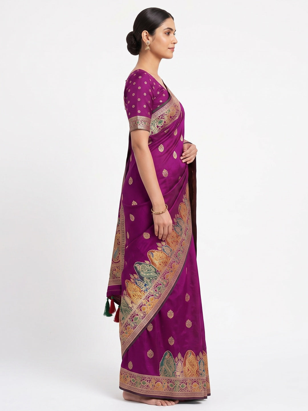 Dark Magenta Luxury Pure Silk Saree Crafted With Floral Meenakari Foil Print & Trendy Tassel Pallu - Image 3