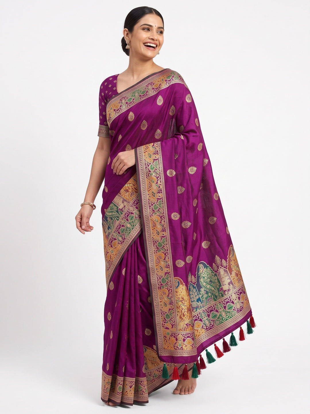Dark Magenta Luxury Pure Silk Saree Crafted With Floral Meenakari Foil Print & Trendy Tassel Pallu - Image 4