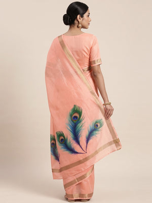 Charming Peach Soft Tussar Cotton Silk Saree With Peacock Feathers Print - Image 2