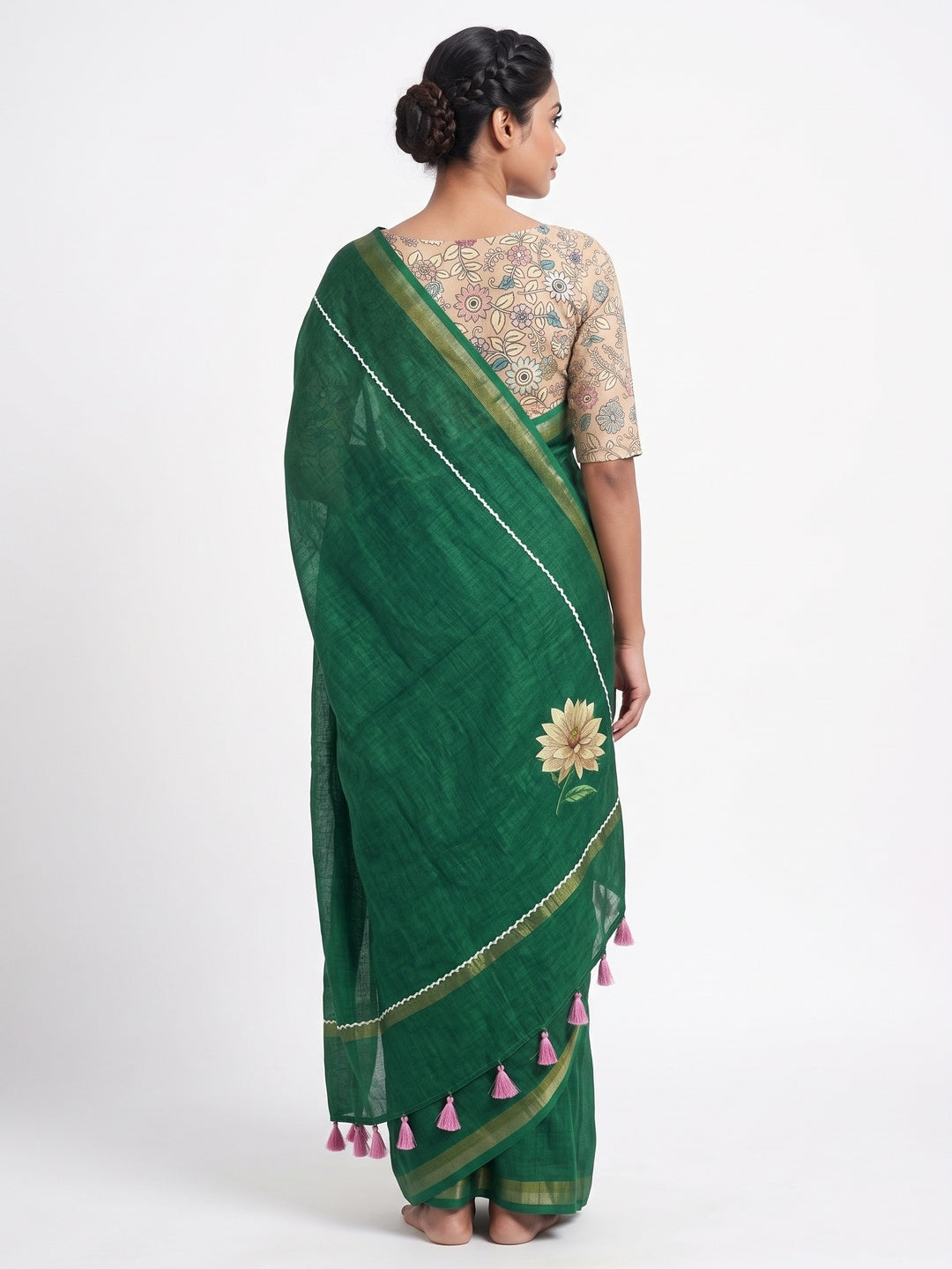 Elegant Green Floral Digital Printed Linen Cotton Saree With Woven Border & Tassel Pallu - Image 2
