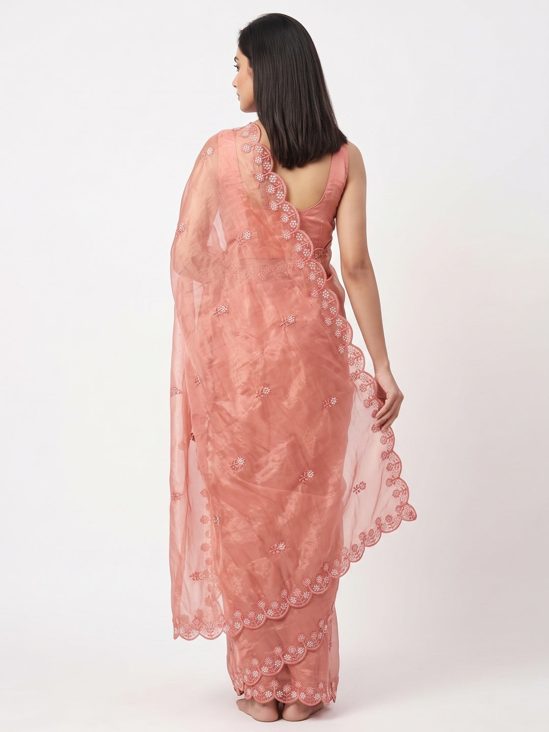 Peach Net Partywear Saree Featuring Fine Floral Embroidery and a Soft, Flowing Look - Image 2