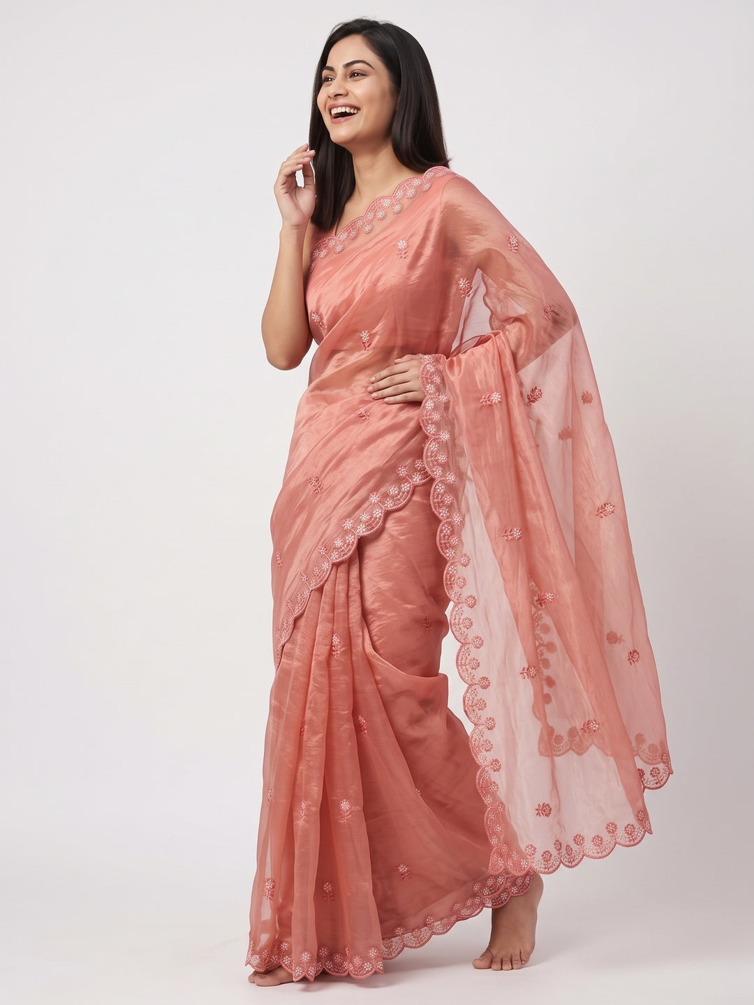 Peach Net Partywear Saree Featuring Fine Floral Embroidery and a Soft, Flowing Look - Image 4