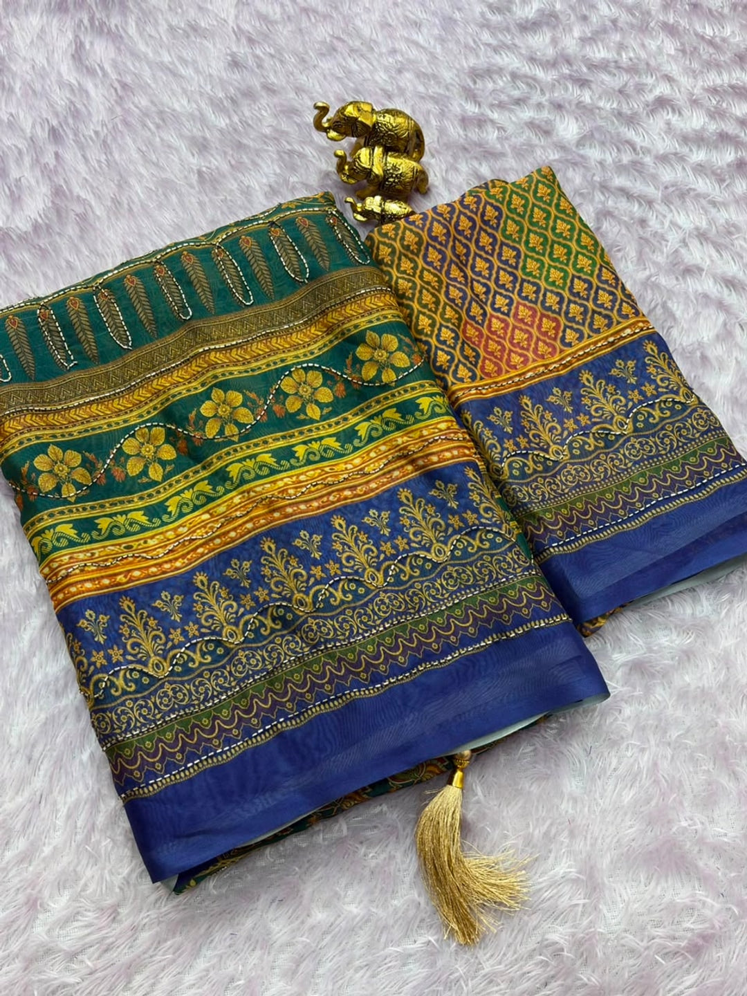Peachmode Blue Rashmika Rangoli Silk Saree With Bead Work - Image 3