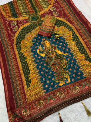 Peachmode Maroon Rashmika Rangoli Silk Saree With Bead Work - Image 2