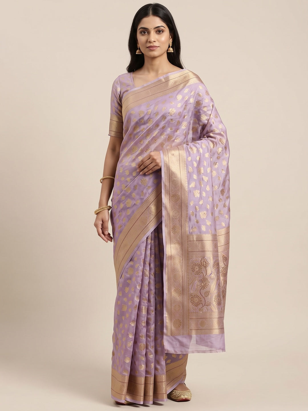 Radiant Lavender Tissue Banarasi Saree With Intricate Floral Zari Weaving & Stone Embellishments - Image 1
