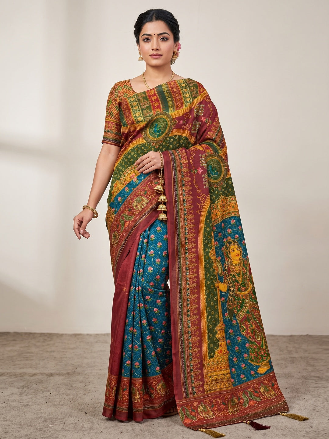 Peachmode Maroon Rashmika Rangoli Silk Saree With Bead Work - Image 1