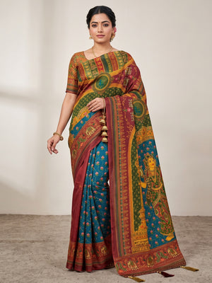 Peachmode Maroon Rashmika Rangoli Silk Saree With Bead Work - Image 1