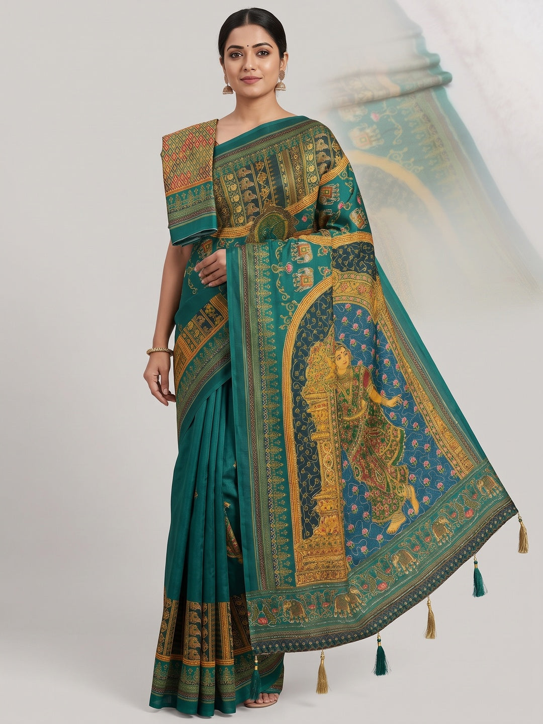 Peachmode Rama Green Rashmika Rangoli Silk Saree With Bead Work - Image 1