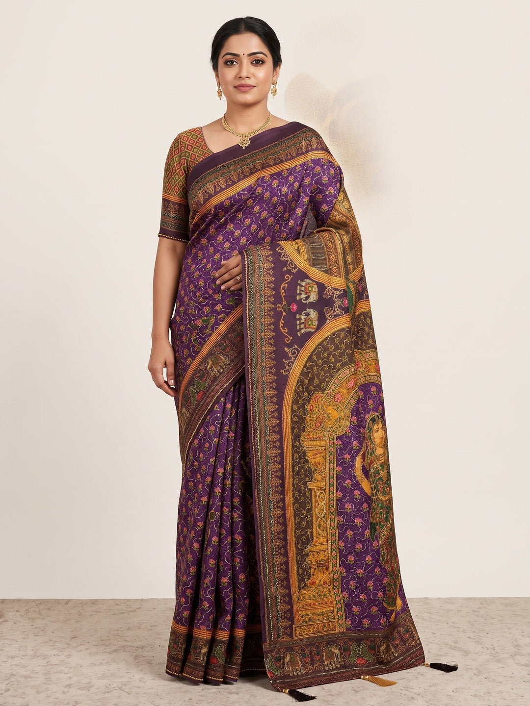 Peachmode Purple Rashmika Rangoli Silk Saree With Bead Work - Image 1